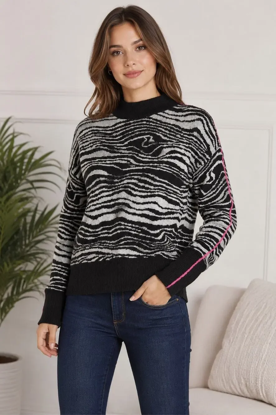 Halogen Swirl Zebra Mock Neck Sweater Black White Pink Stripe Cozy Soft NWT Sz L